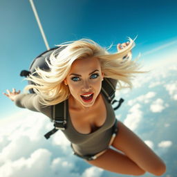 A sexy blonde woman with striking blue eyes and vibrant red lips, depicted mid-fall from the sky, with her hair flowing dramatically around her