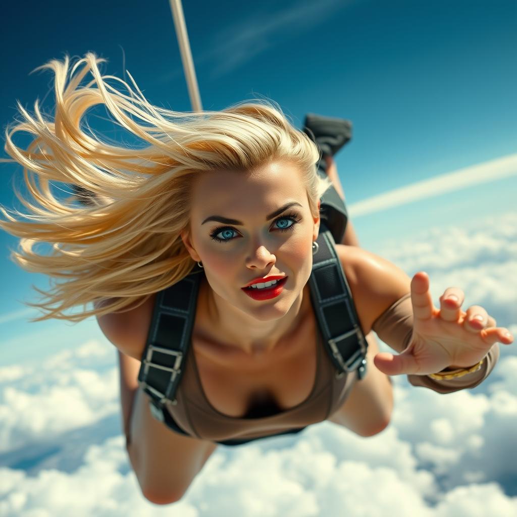 A sexy blonde woman with striking blue eyes and vibrant red lips, depicted mid-fall from the sky, with her hair flowing dramatically around her