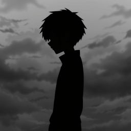 A depressed anime boy standing sideways in the center of the image, showcasing half of his face in profile
