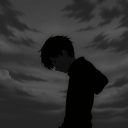 A depressed anime boy standing sideways in the center of the image, showcasing half of his face in profile