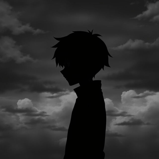 A depressed anime boy standing sideways in the center of the image, showcasing half of his face in profile