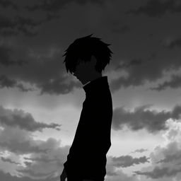 A depressed anime boy standing sideways in the center of the image, showcasing half of his face in profile