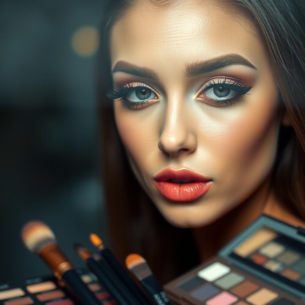 A close-up portrait of a stunning model showcasing a blend of intricate makeup techniques, elegantly applied cosmetics accentuating the features of the face