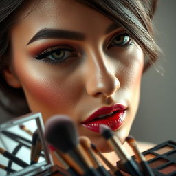 A close-up portrait of a stunning model showcasing a blend of intricate makeup techniques, elegantly applied cosmetics accentuating the features of the face