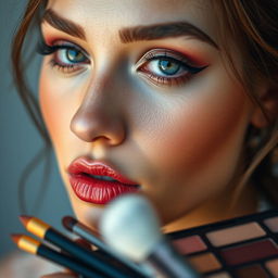 A close-up portrait of a stunning model showcasing a blend of intricate makeup techniques, elegantly applied cosmetics accentuating the features of the face