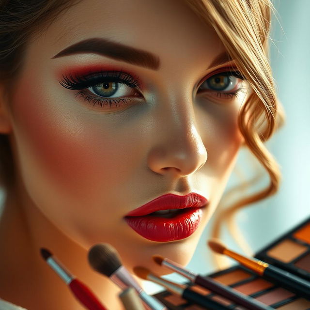 A close-up portrait of a stunning model showcasing a blend of intricate makeup techniques, elegantly applied cosmetics accentuating the features of the face