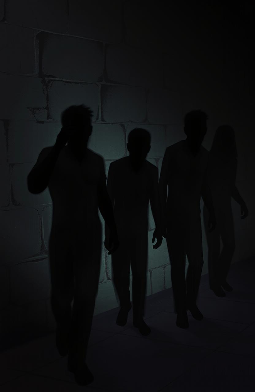 A poignant digital painting depicting the shadows of several male characters being harassed and tortured in a dramatic, dark setting