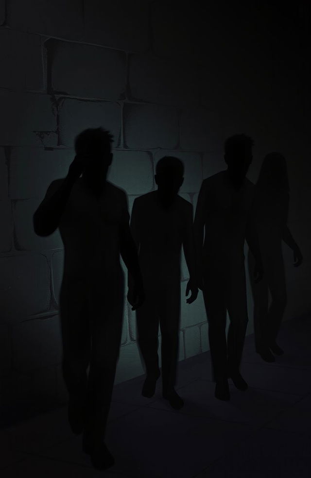 A poignant digital painting depicting the shadows of several male characters being harassed and tortured in a dramatic, dark setting