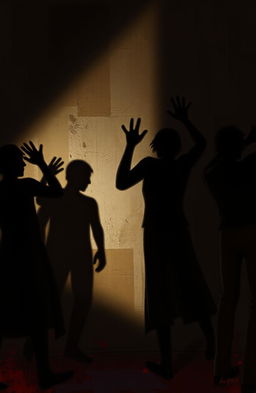 A poignant digital painting depicting the shadows of several male characters being harassed and tortured in a dramatic, dark setting