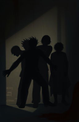 A poignant digital painting depicting the shadows of several male characters being harassed and tortured in a dramatic, dark setting