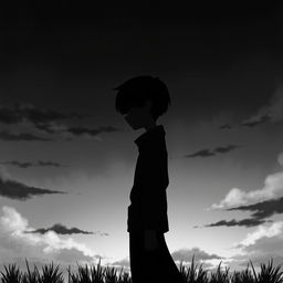 A depressed anime boy positioned in the center of the image, standing sideways with half of his face visible in profile