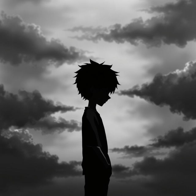 A depressed anime boy positioned in the center of the image, standing sideways with half of his face visible in profile