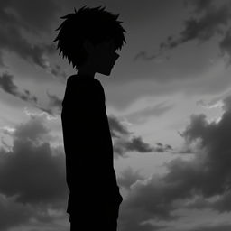 A depressed anime boy positioned in the center of the image, standing sideways with half of his face visible in profile