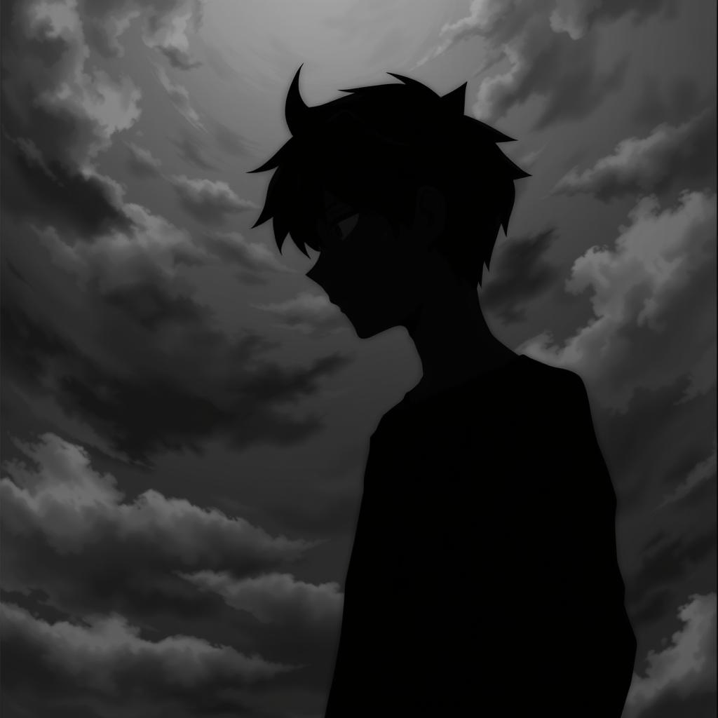 A depressed anime boy positioned in the center of the image, standing sideways with half of his face visible in profile