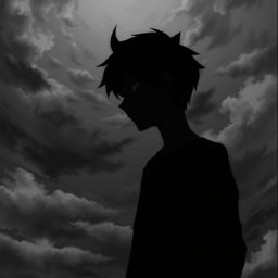 A depressed anime boy positioned in the center of the image, standing sideways with half of his face visible in profile