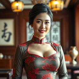 A captivatingly beautiful Chinese woman with very large breasts, radiating confidence and authority