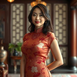 A captivatingly beautiful Chinese woman with very large breasts, radiating confidence and authority