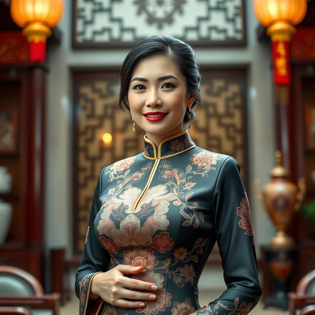 A captivatingly beautiful Chinese woman with very large breasts, radiating confidence and authority