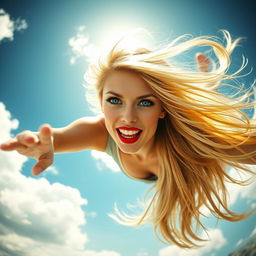 A stunning and sexy blonde woman with striking blue eyes and bold red lips, depicted in mid-air as she falls from the sky at high speed