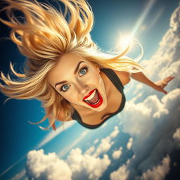 A stunning and sexy blonde woman with striking blue eyes and bold red lips, depicted in mid-air as she falls from the sky at high speed
