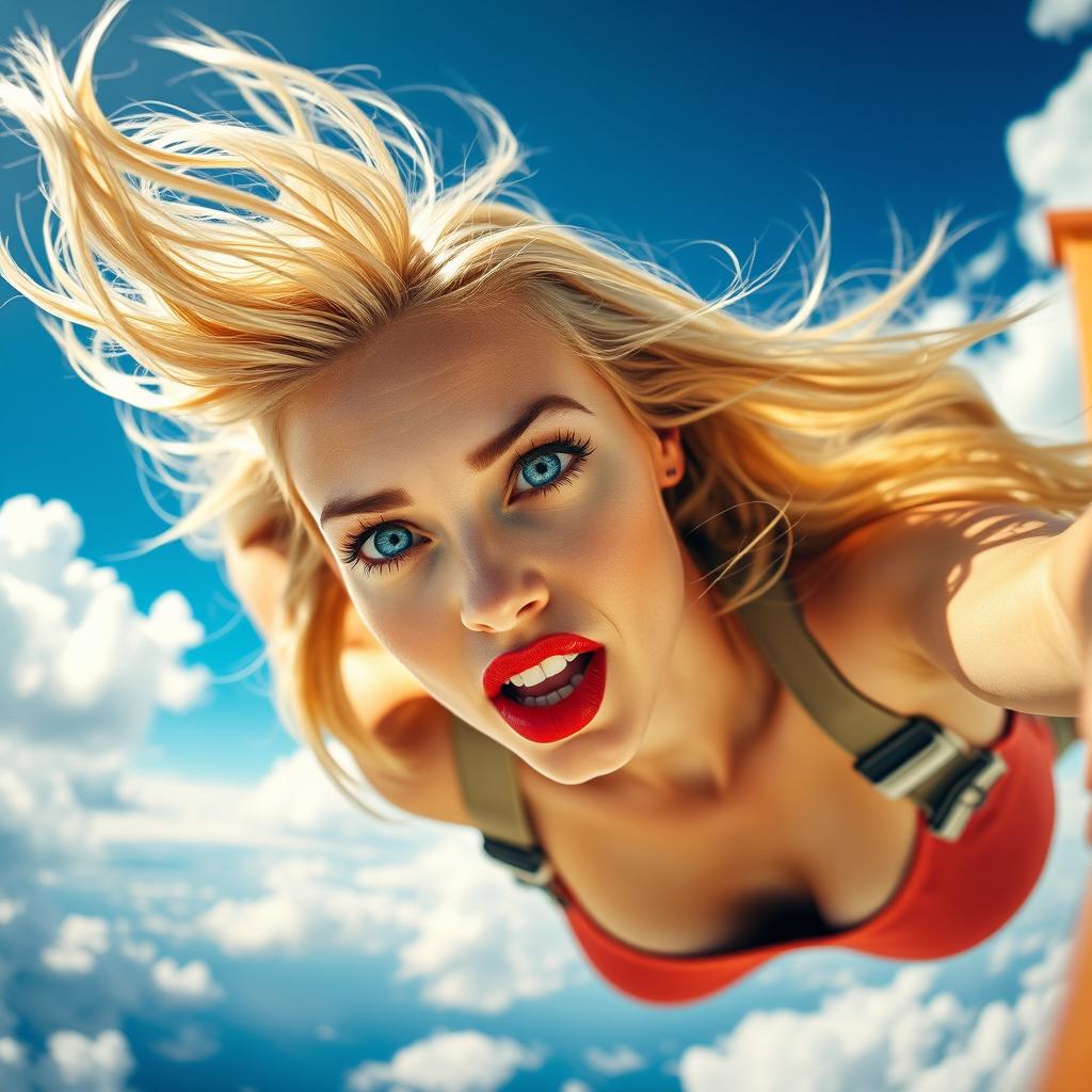 A stunning and sexy blonde woman with striking blue eyes and bold red lips, depicted in mid-air as she falls from the sky at high speed