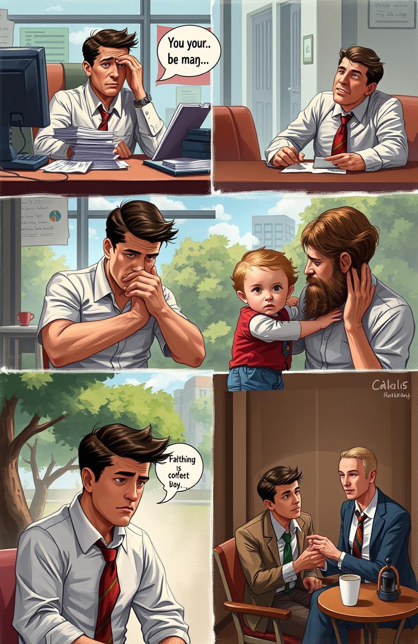 A digital painting depicting various real-life incidents that highlight the challenges faced by men