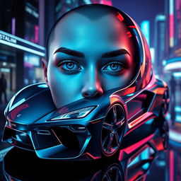 A stunning combination of a human face seamlessly blended with a futuristic car design