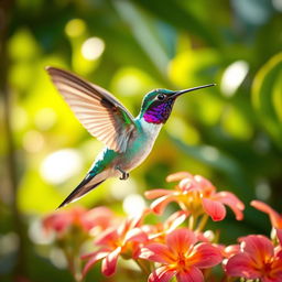 A vibrant and colorful hummingbird in mid-flight, showcasing its iridescent feathers that shimmer with hues of green, blue, and purple