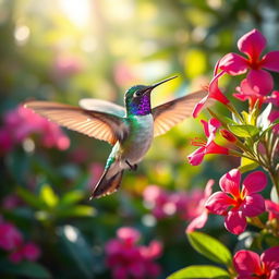 A vibrant and colorful hummingbird in mid-flight, showcasing its iridescent feathers that shimmer with hues of green, blue, and purple