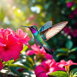 A vibrant and colorful hummingbird in mid-flight, showcasing its iridescent feathers that shimmer with hues of green, blue, and purple