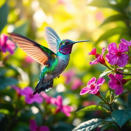 A vibrant and colorful hummingbird in mid-flight, showcasing its iridescent feathers that shimmer with hues of green, blue, and purple