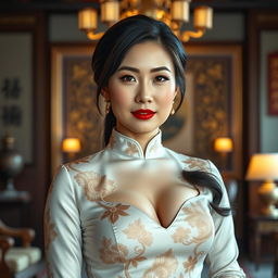 A stunningly beautiful Chinese woman with very large breasts, embodying authority and elegance