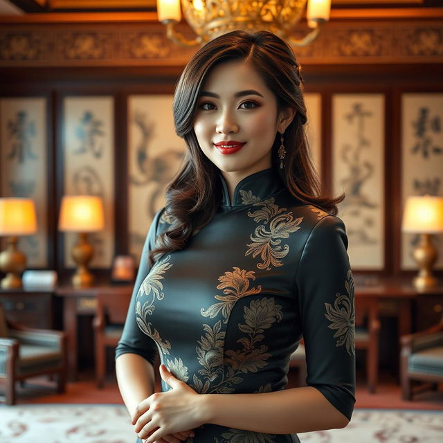 A stunningly beautiful Chinese woman with very large breasts, embodying authority and elegance