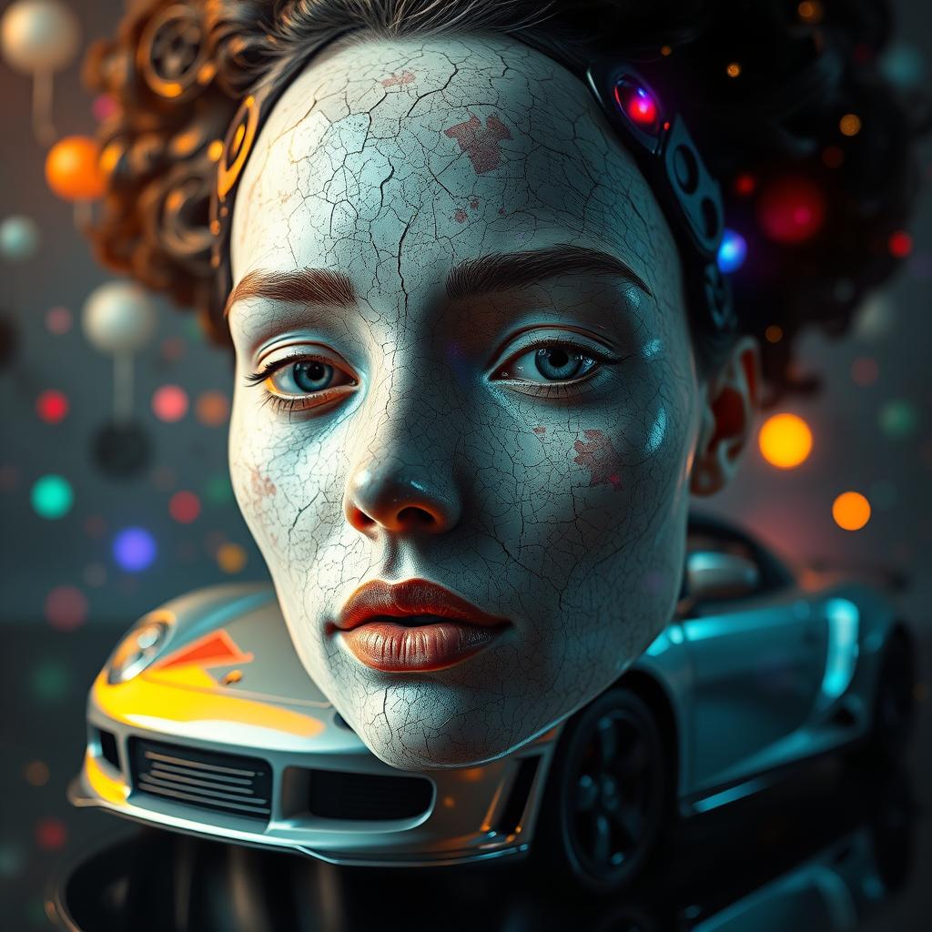 A surrealistic blend of a human face and a car, where facial features are abstract and unrecognizable