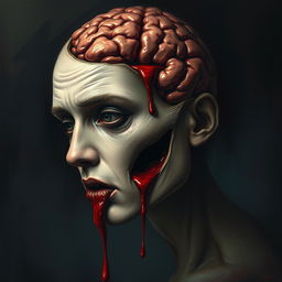 A surreal artistic representation of a human face with a hollow brain cavity, from which blood is flowing