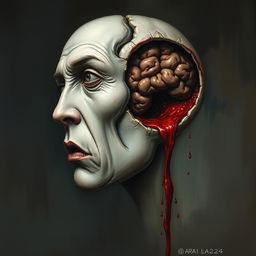 A surreal artistic representation of a human face with a hollow brain cavity, from which blood is flowing