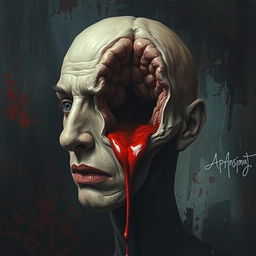 A surreal artistic representation of a human face with a hollow brain cavity, from which blood is flowing