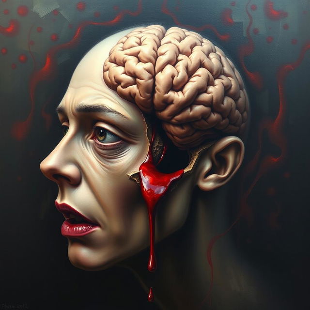 A surreal artistic representation of a human face with a hollow brain cavity, from which blood is flowing