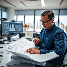 A focused engineer studying detailed blueprints and technical drawings in a modern office environment