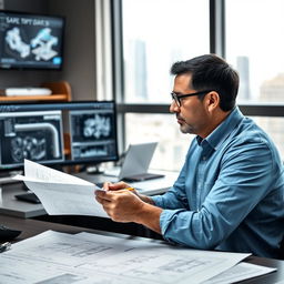 A focused engineer studying detailed blueprints and technical drawings in a modern office environment