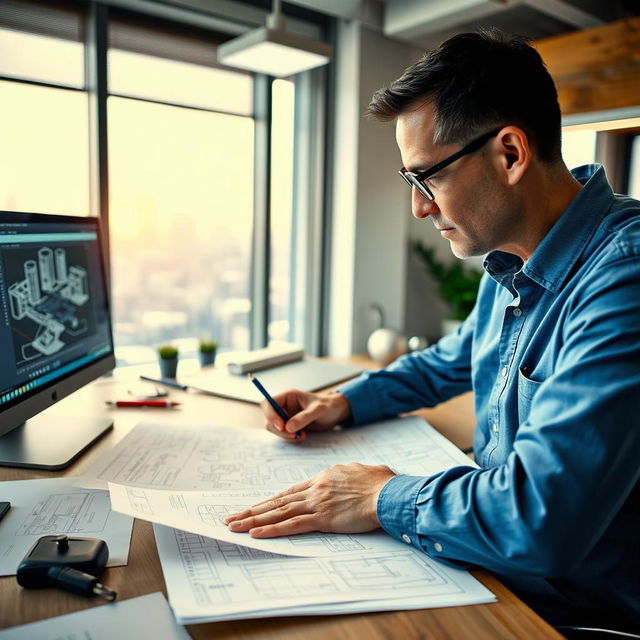 A focused engineer studying detailed blueprints and technical drawings in a modern office environment