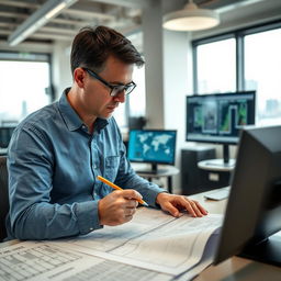 A focused engineer studying detailed blueprints and technical drawings in a modern office environment