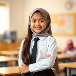 A young girl with long hair, dressed neatly in a white long-sleeve shirt and a black tie, wearing a black skirt and a hijab