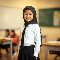 A young girl with long hair, dressed neatly in a white long-sleeve shirt and a black tie, wearing a black skirt and a hijab