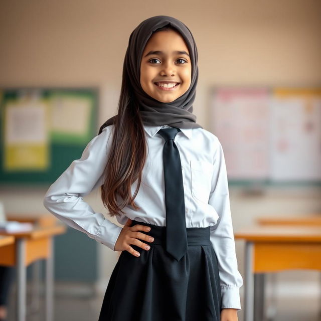 A young girl with long hair, dressed neatly in a white long-sleeve shirt and a black tie, wearing a black skirt and a hijab