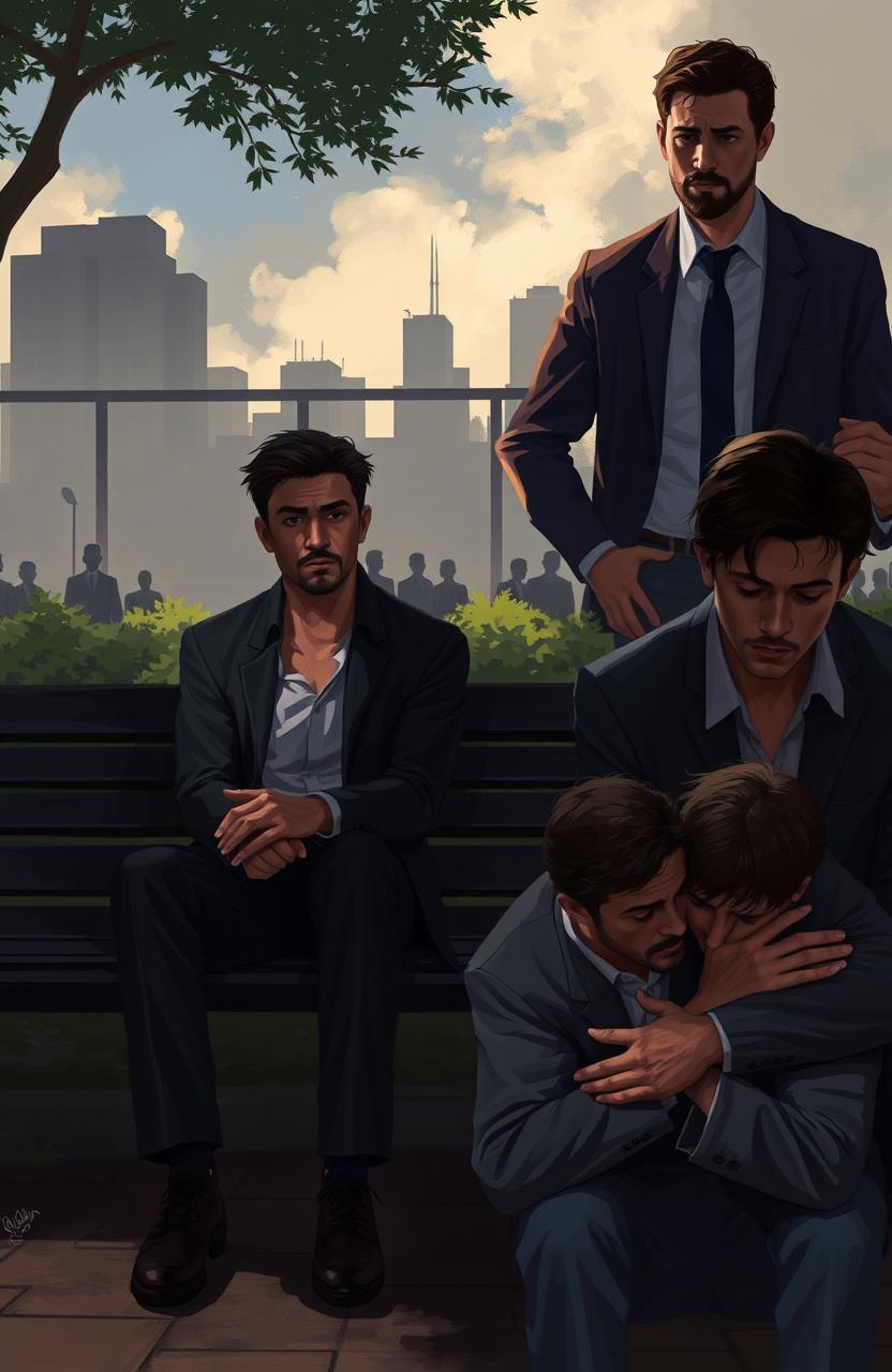 A digital painting depicting the struggles of men in various real-life incidents, illustrating themes of vulnerability, societal pressure, and emotional turmoil