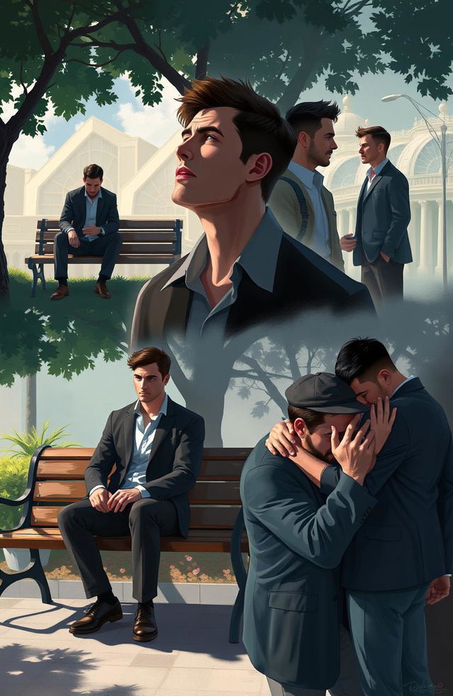 A digital painting depicting the struggles of men in various real-life incidents, illustrating themes of vulnerability, societal pressure, and emotional turmoil