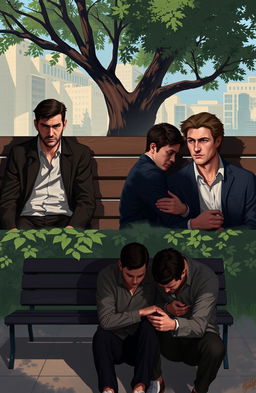 A digital painting depicting the struggles of men in various real-life incidents, illustrating themes of vulnerability, societal pressure, and emotional turmoil
