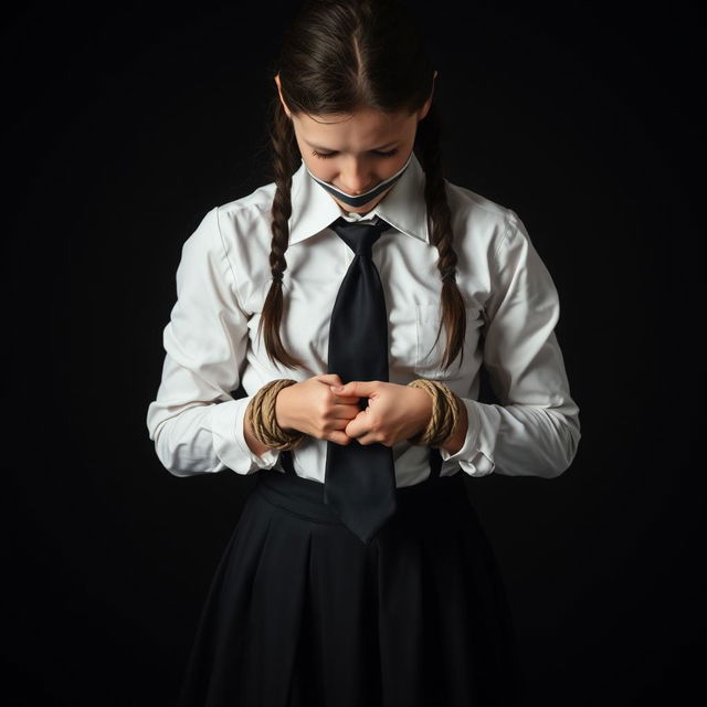 A girl in a neat, long-sleeved white shirt, black tie, and black skirt, with her hands bound by rope and her mouth taped