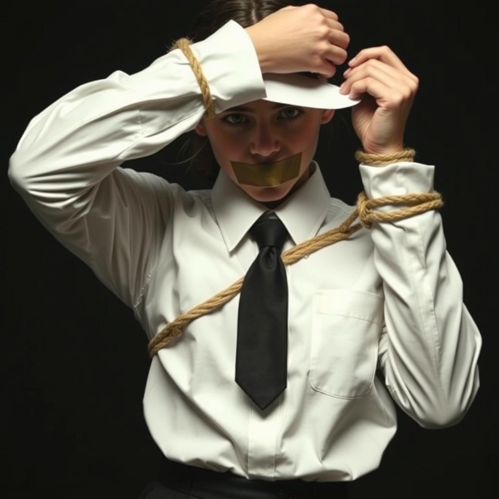 A girl in a neat, long-sleeved white shirt, black tie, and black skirt, with her hands bound by rope and her mouth taped